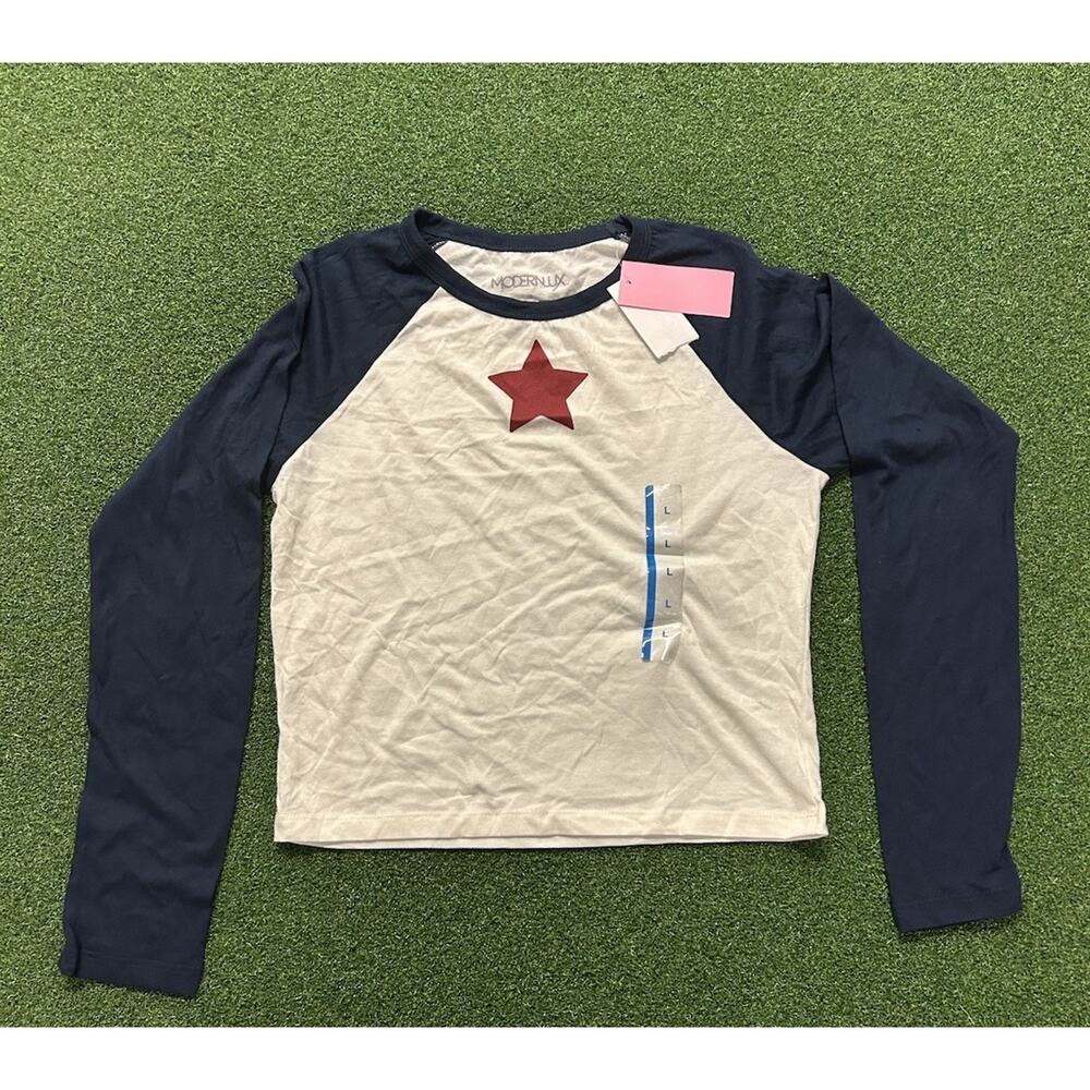 Modernlux Raglan Tee Large White/Navy Star Print Crew neckline Cotton/Polyester